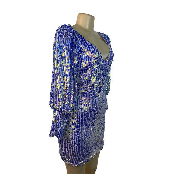 Women's Blue Sequin Puff Sleeve Mini Dress With Deep V-Nec Sz S - Picture 2 of 8